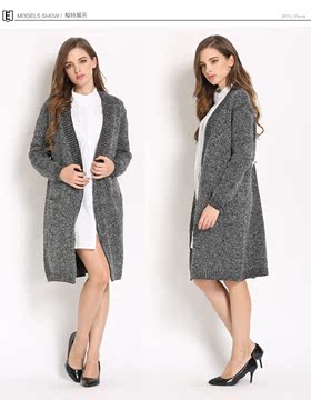 2015欧美秋季女装新品兔毛混纺针织开衫加厚宽松中长款毛衣外套女