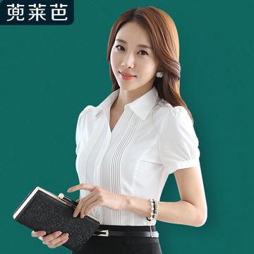 夏季时尚V领雪纺衫OL通勤职业女式白色衬衫韩版修身百搭短袖衬衣