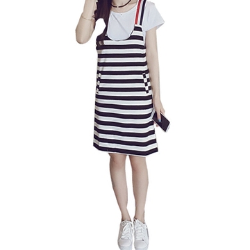 背带裙女套装裙2016夏季韩版显瘦条纹背带连衣裙两件套裙子送T恤