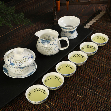 厂家直销青花玲珑茶具镂空陶瓷功夫茶具套装水晶蜂窝茶杯特价包邮