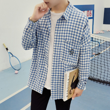 2016年新款落肩宽松青少年学院风日系韩版格子男生长袖秋季衬衫潮