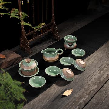 粗陶茶具套装功夫茶具 台湾日式手工茶具陶瓷哥窑仿古陶茶具盖碗