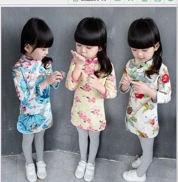 女童2015秋装新款中国风棉麻花朵立领旗袍儿童宝宝长袖裙子连衣裙