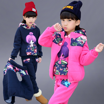 女童冬装加厚三件套2015新款韩版中大童卡通儿童加绒卫衣运动套装