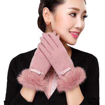 羊毛手套女 秋冬新品韩版时尚兔毛口双层加绒加厚保暖手套