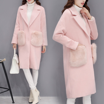 秋冬2016新款女装欧洲站宽松中长款毛呢外套女茧型粉色羊毛呢大衣