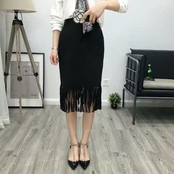 小丸子2016秋季新品韩版时尚个性流苏气质显瘦罗马布包臀半身裙