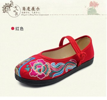 民族风红色绣花平底老北京布鞋软底舒适女士中老年浅口低帮单搭扣