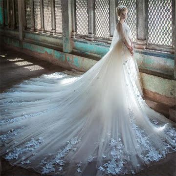 新款2016韩式简约新娘抹胸大长拖尾婚纱礼服蕾丝高腰孕妇修身婚纱