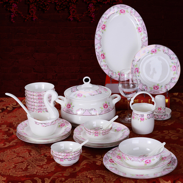 结婚送礼景德镇陶瓷器韩式家用碗盘餐具套装56头骨瓷餐具碗碟套装