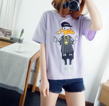 2016夏装新款韩版贴布嘻哈鸭子宽松短袖上衣扮酷卡通怪鸭圆领t恤