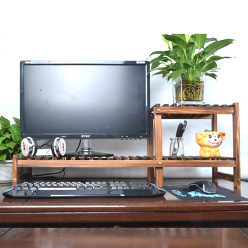 包邮实木碳化桌面小花架办公室电脑显示器增高架木质收纳架花盆架