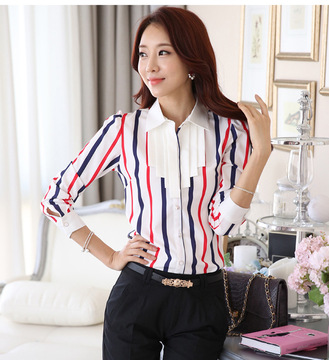 女式彩色条纹修身衬衣带领衬衫长袖款韩国职业装大码打底衫雪纺衫