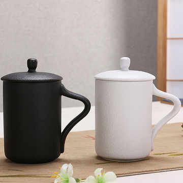 陶瓷茶杯带盖个人水杯粗陶泡茶杯禅风瓷马克杯茶杯办公杯LOGO定制