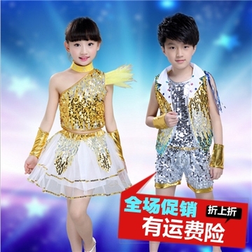 新款爵士舞服装女套装学生韩版架子舞演出服男孩女儿童蓬蓬裙亮片