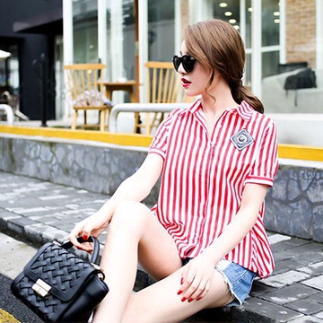 2016春夏女装长短袖打底竖条纹百搭衬衫上衣韩版时尚气质休闲衬衣