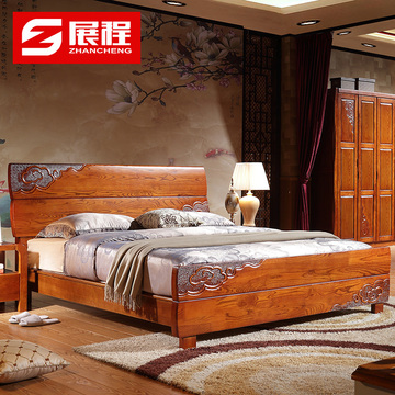 实木床 白蜡木1.8米全实木床高箱储物床 雕花双人床现代中式家具