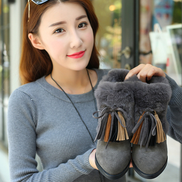 冬季韩版真皮女靴獭兔毛雪地靴平跟短筒内增高短靴女棉鞋流苏靴子