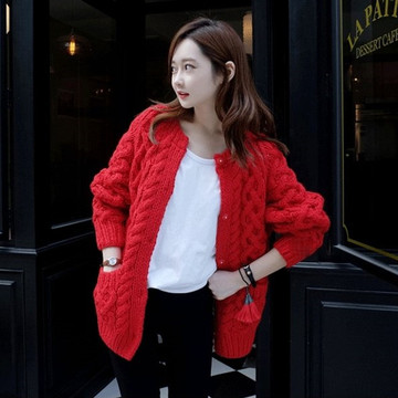 韩国代购秋冬装红色手工粗棒针加厚麻花针织开衫毛衣外套女中长款