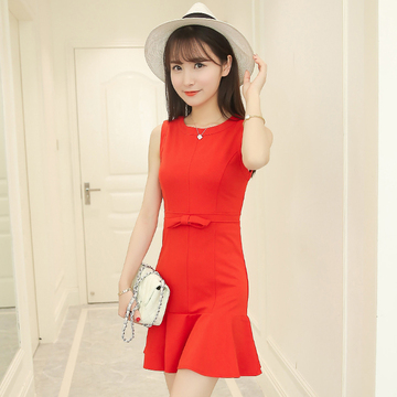 韩国代购女装2016夏季新款修身显瘦大红色连衣裙鱼尾裙一步裙礼服