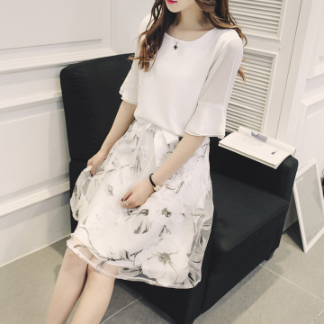 2017春夏新款韩版女装雪纺短袖气质印花欧根纱连衣裙中长两件套装