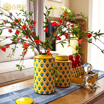 新中式美式家居装饰花瓶插花摆件欧式客厅样板间孔雀纹陶瓷储物罐