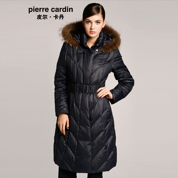 Pierre Cardin/皮尔卡丹冬季女士长款羽绒服时尚修身毛领加厚外套