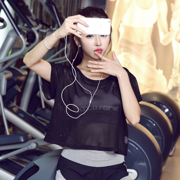 韩国运动健身网纱罩衫女夏宽松透视镂空上衣速干跑步瑜伽短袖T恤