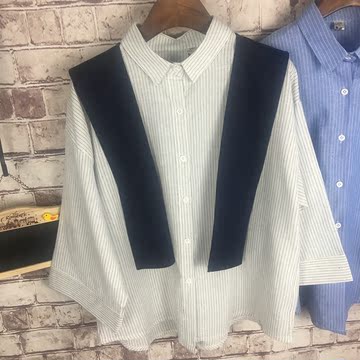 韩版2016时尚个性新款领口绑带披肩宽松百搭竖条纹棉麻七分袖衬衫