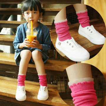 女童秋冬花边袜子中小童中筒袜儿童高筒袜宝宝堆堆袜针织棉时尚袜