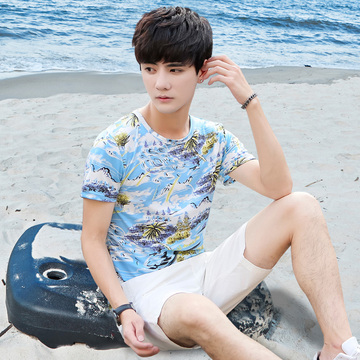 夏装潮男士短袖T恤学生体恤海边度假沙滩青少年半截袖椰树上衣服