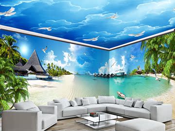马尔代夫蔚蓝大海海岸海滩全屋背景墙壁画风景画电视背景墙