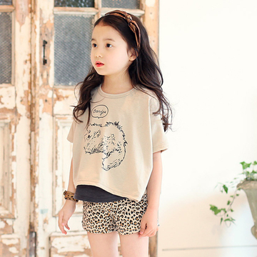 2016夏季新款女童套装宝宝短袖T恤两件套韩版纯棉豹纹短裤韩版潮