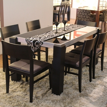 简约餐桌 椅组合6人小户型钢化玻璃4人饭桌子 黑色实木皮住宅家具