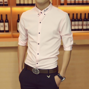 男士中袖衬衫韩版夏季五分袖粉色短袖衬衣秋季发型师修身潮男寸衫