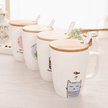 创意陶瓷马克杯带盖勺简约卡通可爱咖啡牛奶杯清新办公情侣水杯子