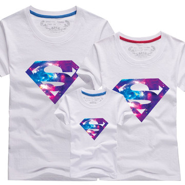 亲子装夏装一家三口母女装纯棉短袖T恤2016星空超人男女大码园服