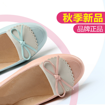 新款台湾红蜻蜓单鞋圆头蝴蝶结真皮平底鞋休闲软底豆豆鞋平跟女鞋