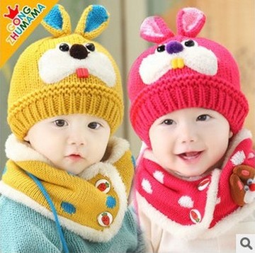 新款促销冬季韩版宝宝毛线帽围巾两件套儿童帽子加绒保暖护耳帽