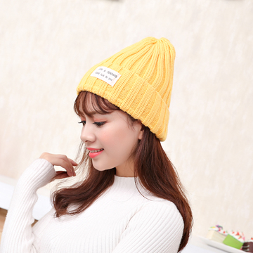 韩国时尚秋冬季加厚男女毛线尖尖帽子贴标针织帽韩版冬天套头帽