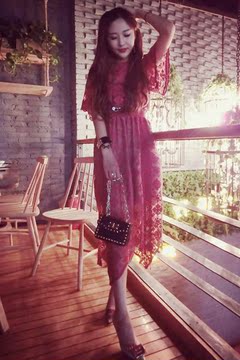 2016夏装新款韩版女装气质短袖镂空长裙子宽松显瘦性感蕾丝连衣裙