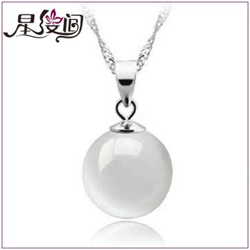 925纯银 韩国版时尚OL 天然水滴白猫眼石吊坠项链项饰 女式