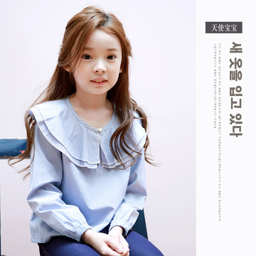 2016秋季新品女童t恤衫中大儿童韩国小女孩长袖荷叶边娃娃领上衣