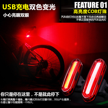 自行车灯后尾灯USB充电双色红蓝LED警示灯 山地配件夜骑行防水