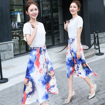 2016夏季新款雪纺两件套连衣裙韩版女装时尚修身中长款短袖套装裙