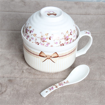 创意陶瓷泡面碗套装大号日式面杯汤碗带盖可微波炉送勺筷叉餐具