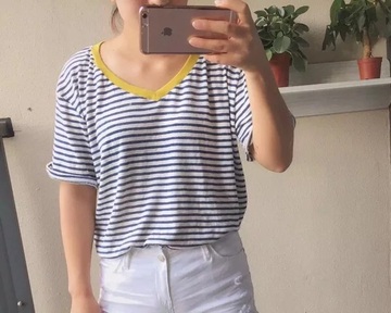 2016韩国新款代购V领撞色爱心领条纹女短袖T恤清爽女修身版