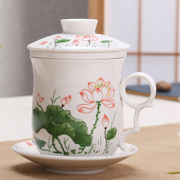 景德镇茶杯陶瓷带盖四件套杯子青花瓷器个人办公会议礼品杯定制