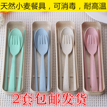 天然小麦便携餐具三件套创意韩国旅行儿童勺子筷子叉套装学生礼盒