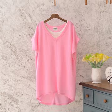 2016夏季新款韩版宽松女装纯色体恤衫中长款V领短袖t恤裙两件套装